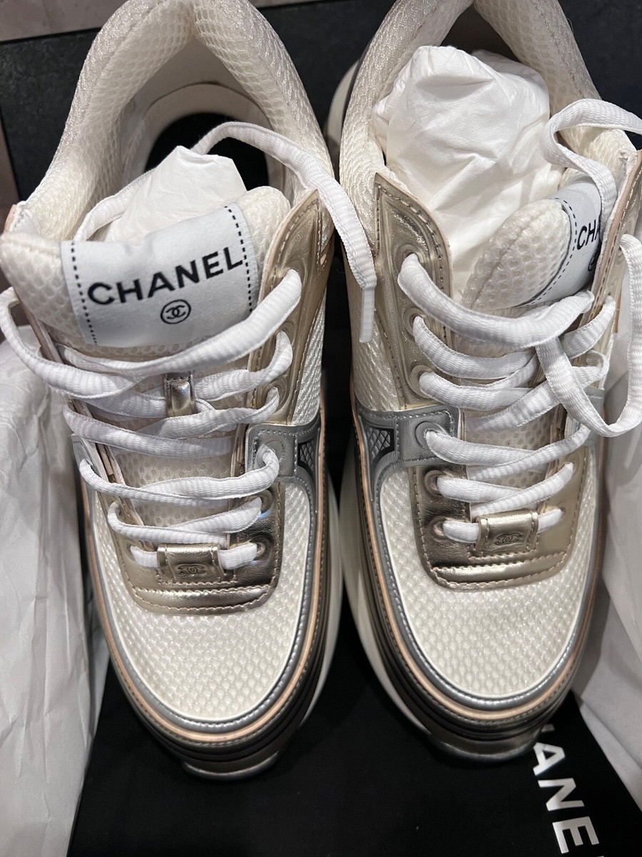 CHANEL 2023 NEW TAGS WHITE GOLD SILVER CC LOGO SNEAKERS SIZE