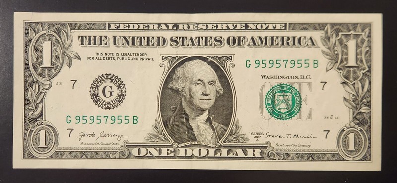 fancy serial number,$1 bill, trinary G95957955B