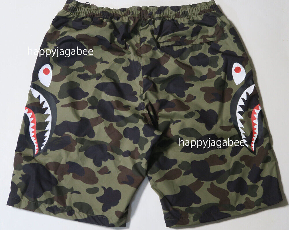 A BATHING APE Men's 1ST CAMO SIDE SHARK BEACH SHORTS Green / Yellow  1I30153020