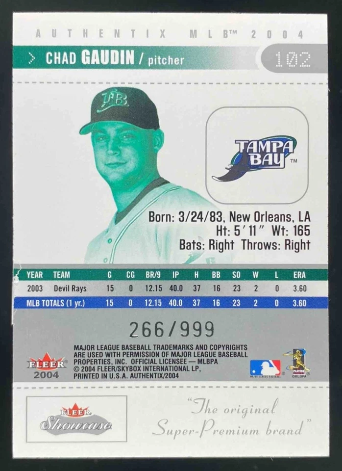 Chad Gaudin 2004 Fleer Authentix RC Ticket to The Majors /999 #102 - Image 2 of 4