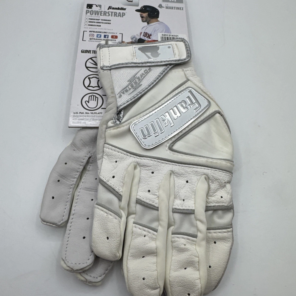 Guantes de bateo Franklin Powerstrap blancos y cromados medianos para adultos - (20491F2) nuevos
