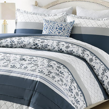 Navy Boho Comforter Set Queen - Reversible Floral Duvet  2 Pillowshams