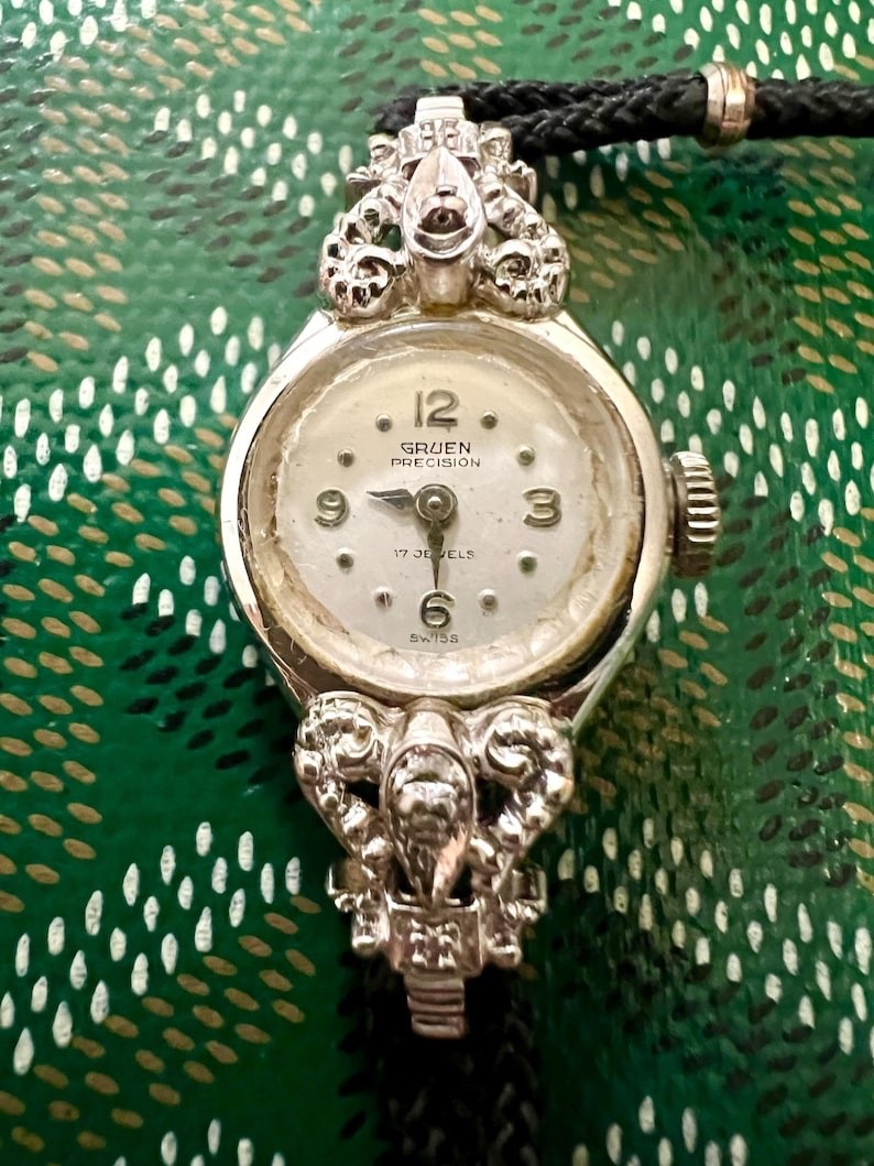 Ladies Vintage Gruen Precision 10K White gold watch with  display picture 1