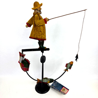 Vintage Authentic Models Balance Toys Fisherman Rustic Metal Folk Art Decor