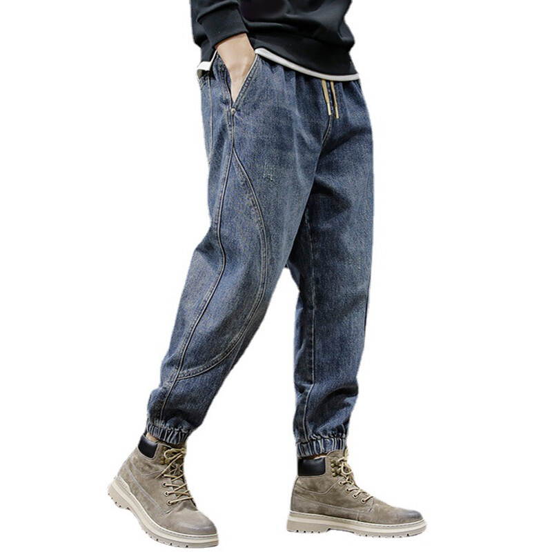 Men Tapered Capri Denim Jeans Pants Cargo Work Trousers Splice Distressed  Slim