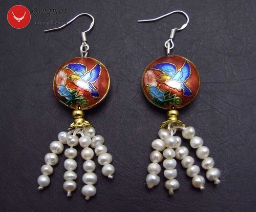 4-5mm Round Natural White Pearl Earring Women 18mm Blue Cloisonne Dangle Earring - Picture 24 of 28