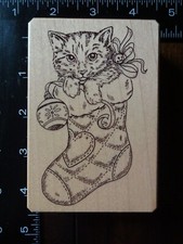 CAT IN QUILTED CHRISTMAS STOCKING Rubber Stamp by INKADINKADO