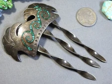 1970s NAVAJO Gibson Gene TURQUOISE inlay STERLING Silver 4.125"36g HAIR COMB snd