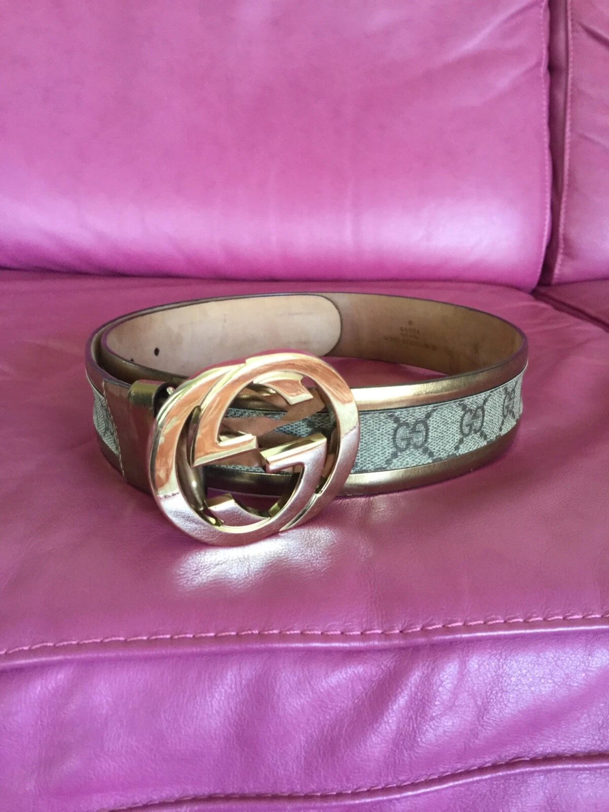 GUCCI GG AUTHENTIQUE BOUCLE FEMME G DORÉ BEIGE MARRON CEINTURE.TAILLE 32/80 REG 1200,