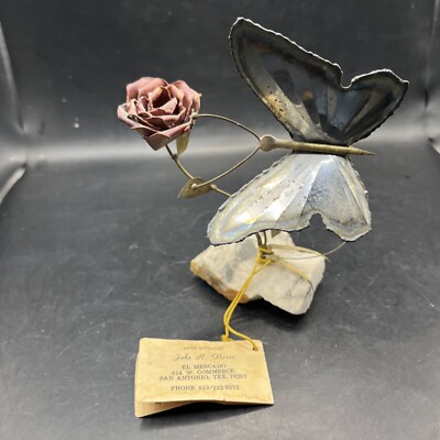 Vintage Brutalist MCM Metal Butterfly Rose On Stone Base Decor Jake R. Flores