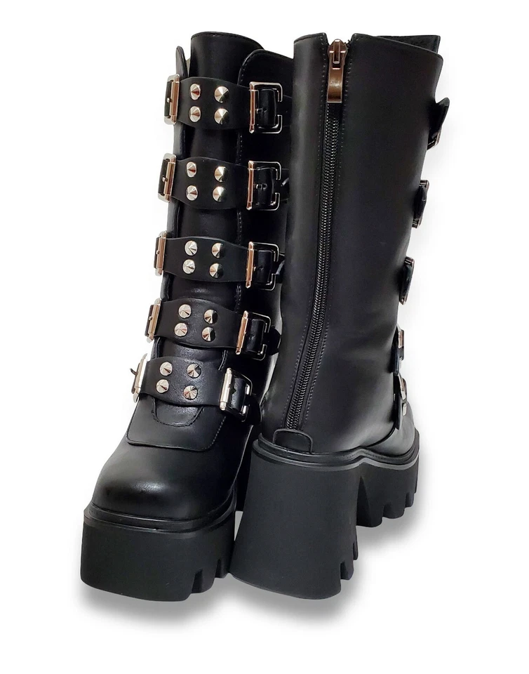 Mujeres Botas de Plataforma Góticas Negras Veganas Combate Gruesas Punk Tachonadas Hebilla de Metal Foto 4 de 4