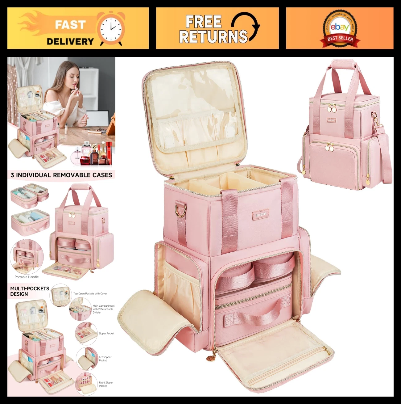 Extra Large Makeup Bag - 4 in 1 Cosmetic Organizer Travel Case, Pink with Detach