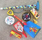 7 Vintage tin litho TOY Noisemakers, shovel,lg horn,Chad Valley OHIO Art USMetal