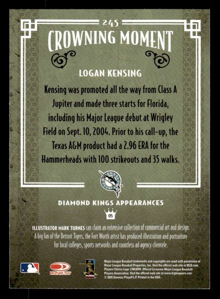 2005 Donruss Diamond Kings #245 Logan Kensing Card Florida Marlins - Image 2 of 2