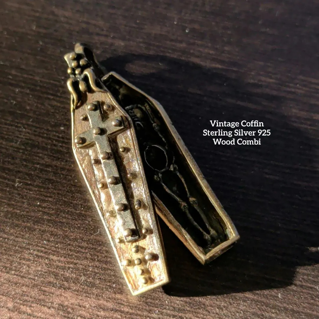 Vintage Sterling Silver Coffin Necklace Pendant Top with Skull, Gothic Gothic FS