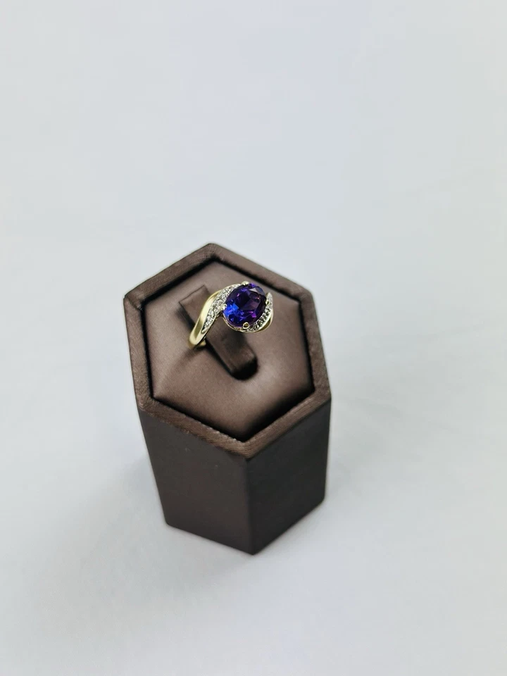 Кольцо из золота 9 карат с аметистом и бриллиантом, винтажный клейменный натуральный аметист  - Изображение 3 из 4