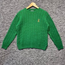 VTG Lauren Ralph Lauren Cable Knit Sweater Medium Green Embroidered Crest Cotton