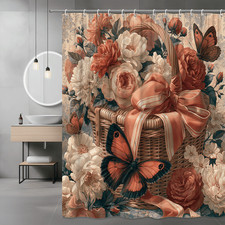 Floral Butterfly Basket Shower Curtain Pink Peach Print