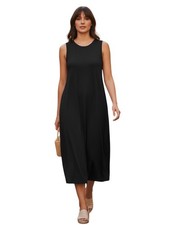 Uniqlo Womens Black Sleeveless Midi Dress Size M Cotton Side Slit Casual