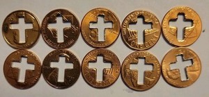 Cross Cut Pennies, 10 pennies with a cross cut out  Jesus Christianity 