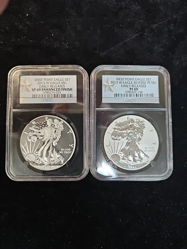 2013 W REVERSE PROOF SILVER EAGLE NGC PF69 & ENHANCED SP69 2 COIN WEST POINT SET