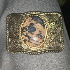 Vtg Belt Buckle Gold tone Cowboy Cowgirl with marble like rock in center