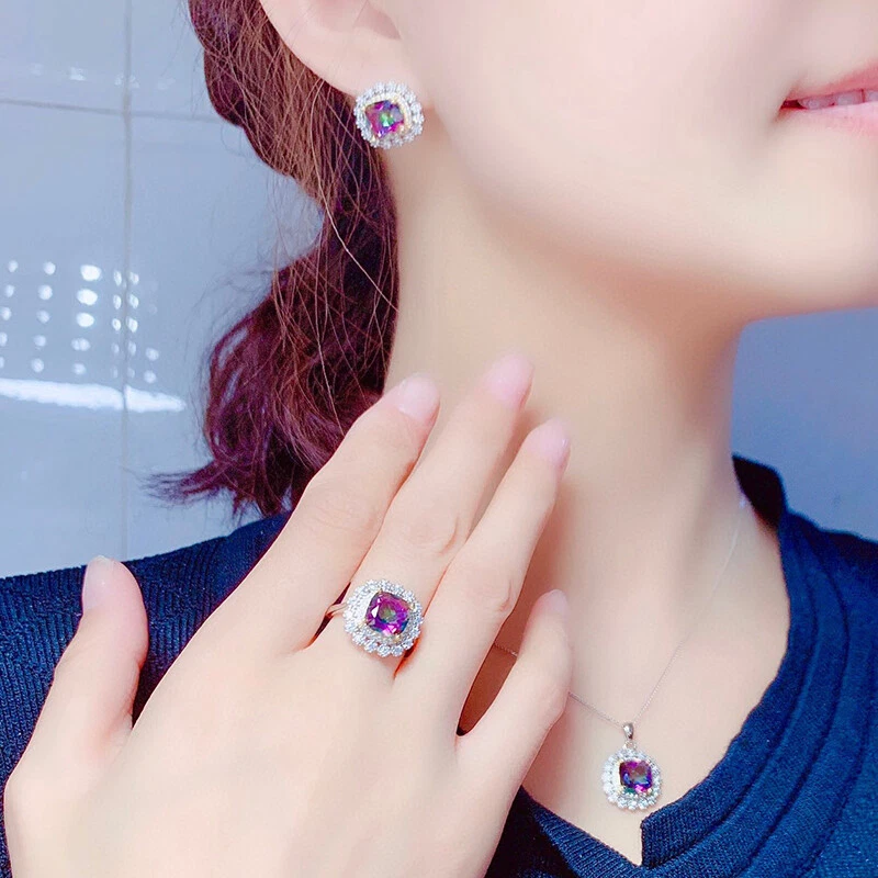 Conjunto de 3 piezas de joyas arco iris gemas de topacio de fuego místico pendientes de plata anillos colgantes Foto 2 de 4