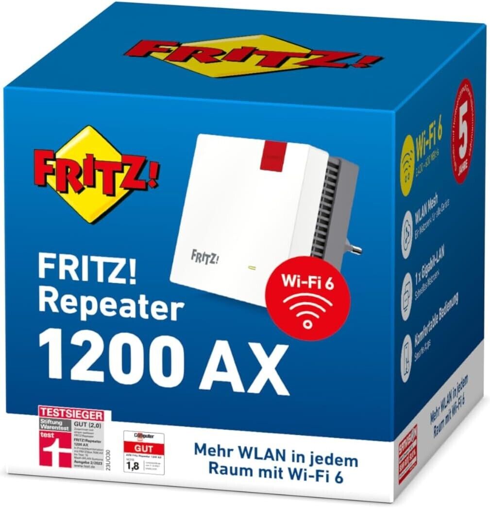 FRITZ!Repeater 1200 AX (Wi-Fi 6 Repeater 5 GHz band (up to 2,400 Mbps) DE