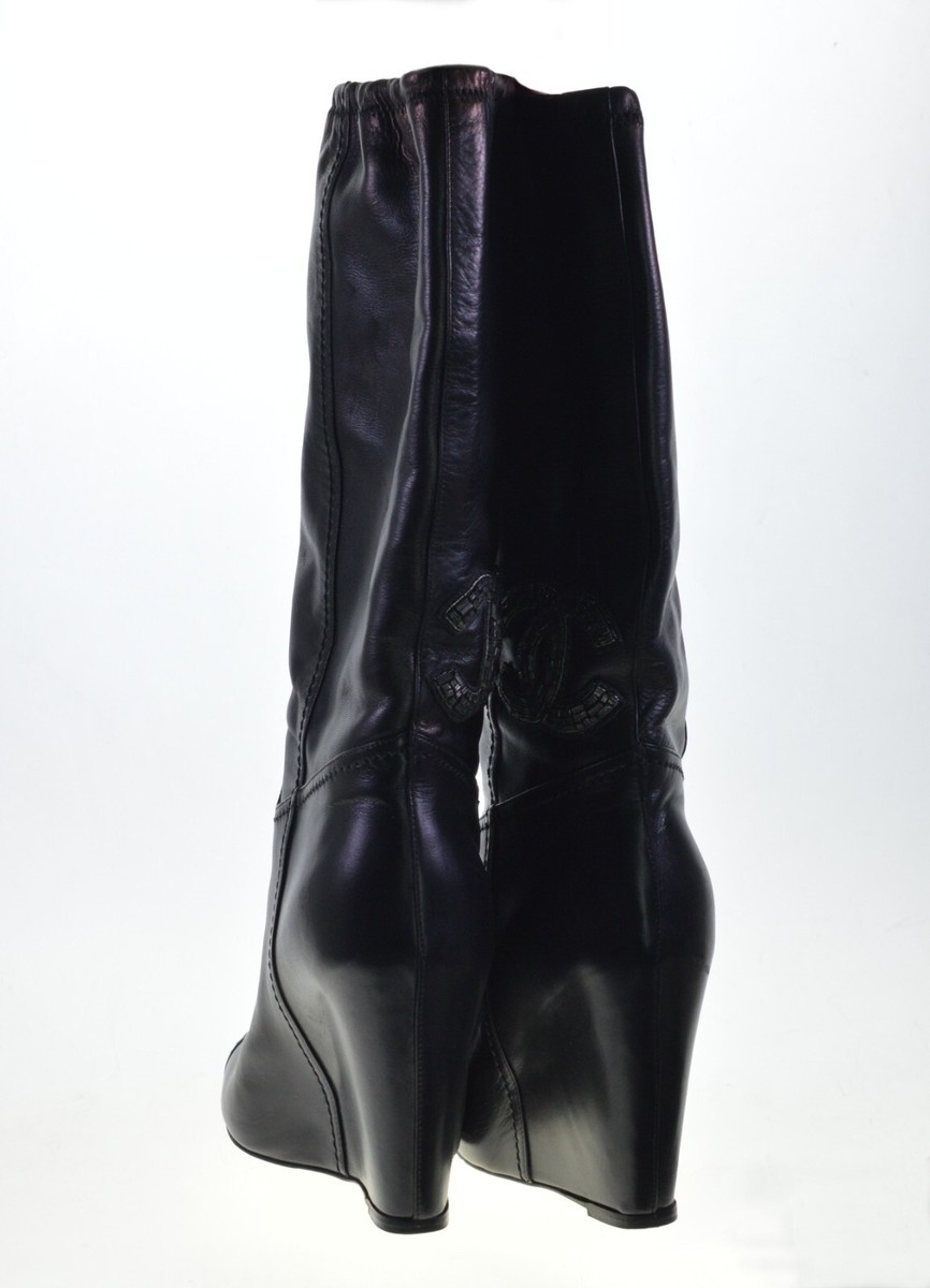CHANEL BLACK LEATHER CAP TOE WEDGE BOOTS CC LOGO | eBay CHANEL BLACK LEATHER CAP TOE WEDGE BOOTS CC LOGO | eBay