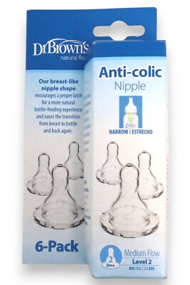 Dr. Brown s Medium Flow Level 2 Narrow Baby Bottle Silicone Nipple, 6 Pack