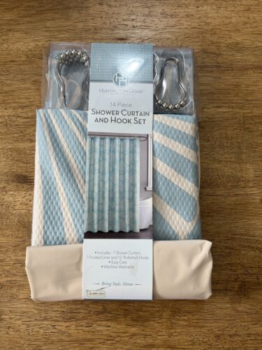 Huntington Home Shower Curtain And Hook Set Cream & Blue She’ll Marine 72”x72” - Picture 2 of 7