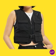 Urban Classics Women's Cropped Tactical Vest Jacket, Utility Pockets, Black , S