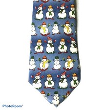 Talbots Kids Boys Neck Tie Blue Snowman Holiday Christmas Printed 100 Silk New