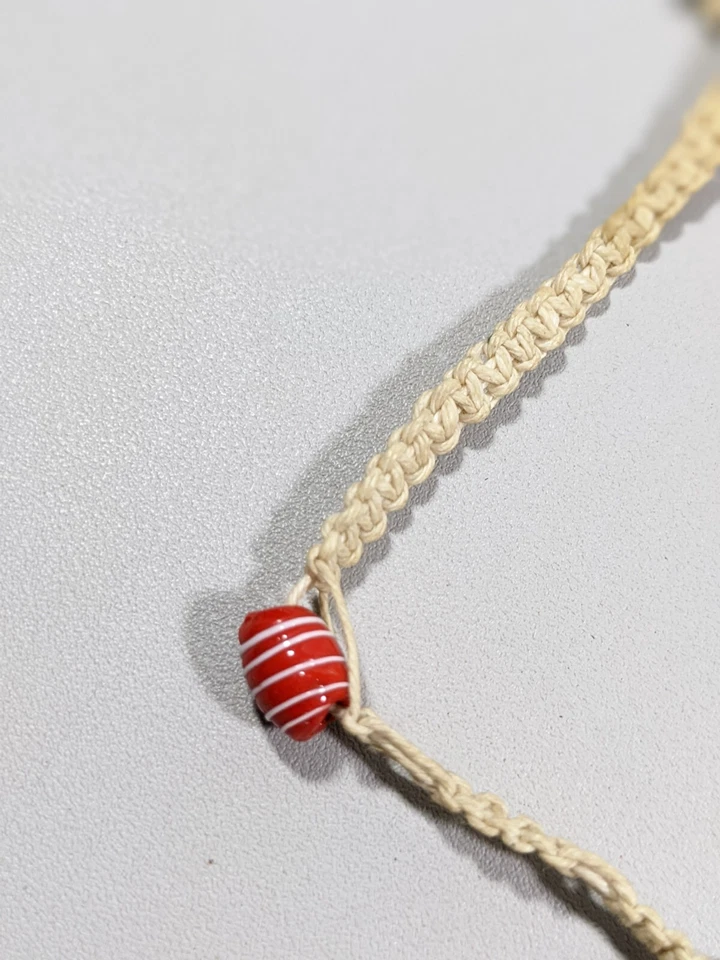 Artisan woven Style Beige Cord Red White Glass Bead Ankle Bracelet Anklet 12 in - Image 4 of 4
