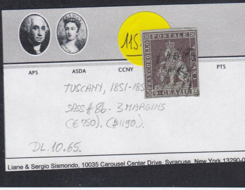 Italy States Toscana Tuscany 1851 9 Crazie Used. Sassone #8b Scott #8 - Picture 2 of 3
