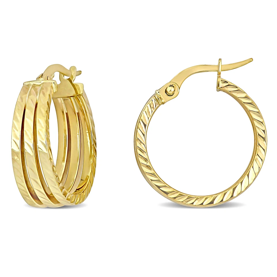 Amour 14k Yellow Gold 19mm Triple Row Textured Hoop Earrings