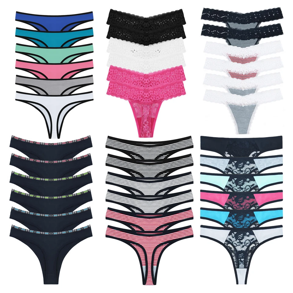6 Pack Womens Cotton Thongs Lace G-string Underwear Seamless Panties Knickers
