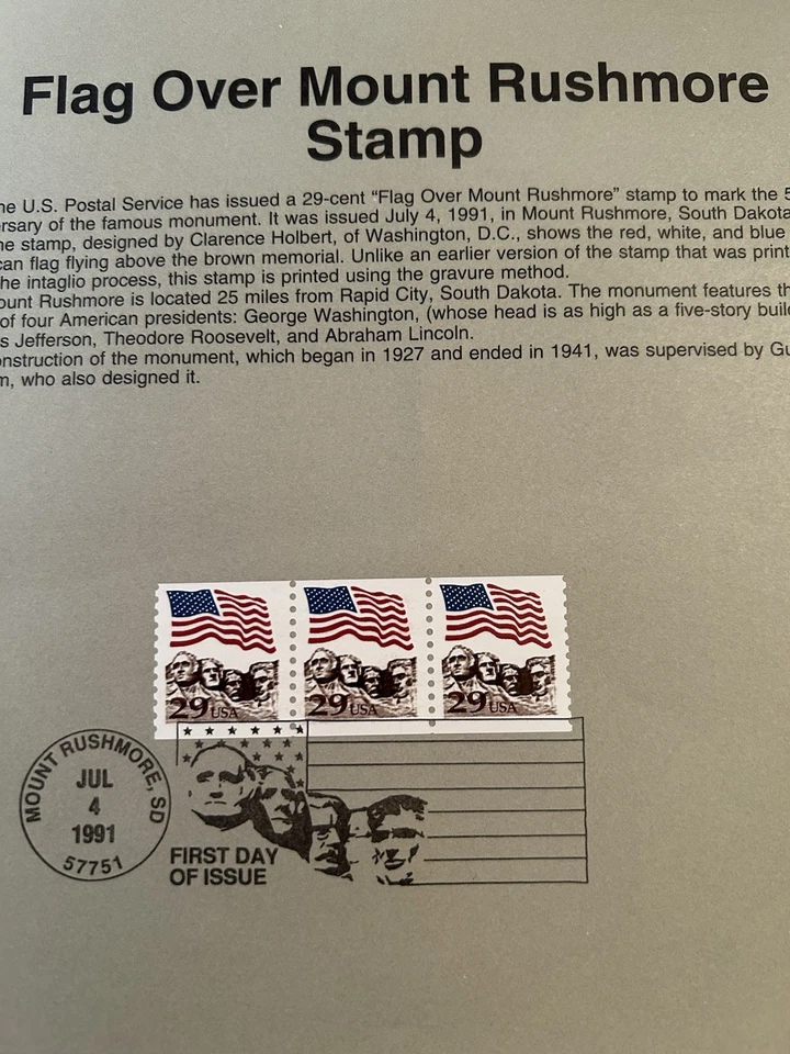 FDC # 2523A 29 cent Flag over Mount Rushmore 1991 USPS Souvenir Page Stamp - Image 2 of 2