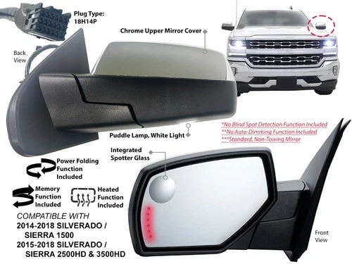 Mirror for SILVERADO SIERRA 2014-2018 Power Folding Memory Puddle Driver Side