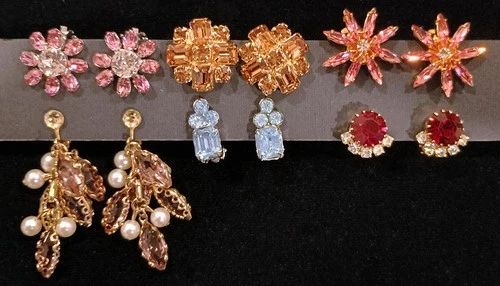Vintage 6 Pairs Mid-Century Costume Jewelry Colorful Rhinestone Clip-On Earrings