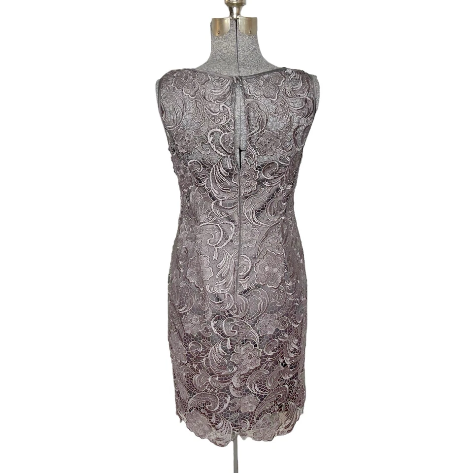 Adrianna Papell Gray Illusion Lace Overlay Boat Neck Sheath Dress Size 10 - Image 3 of 4