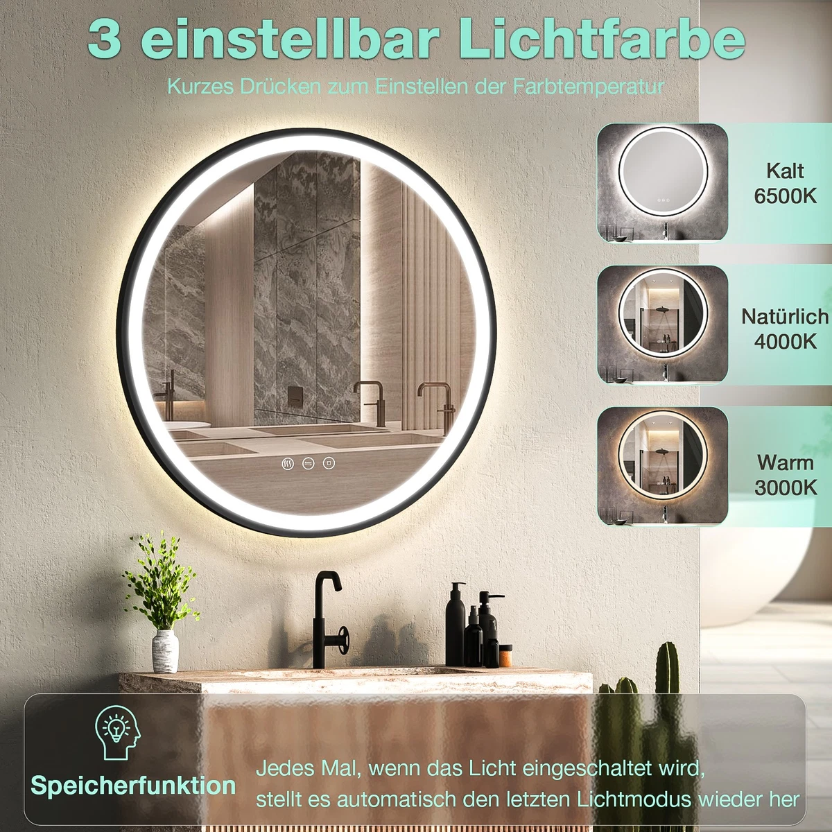 70 cm Runder Badspiegel mit LED-Beleuchtung,3 Lichtfarben,Antibeschlag,Dimmbar