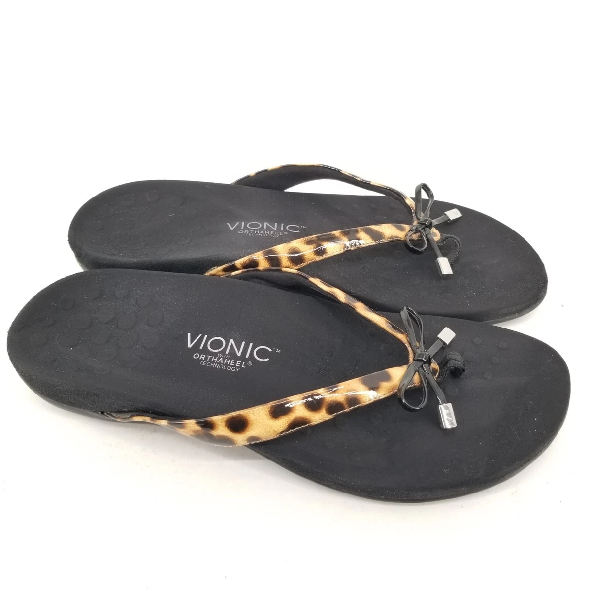 B61 Vionic 11 Bella Sandal Slide Toe Post Comfort Leopard Faux Patent Flip Flop