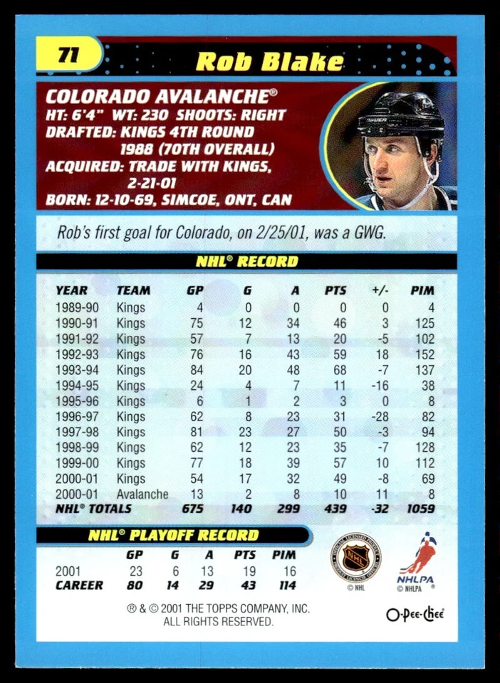 2001-02 O PEE CHEE RETRO Rob Blake Colorado Avalanche #71 - Image 2 of 2