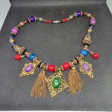 Vintage Boho Gypsy Statement Necklace Tassel Charms Beaded READ 