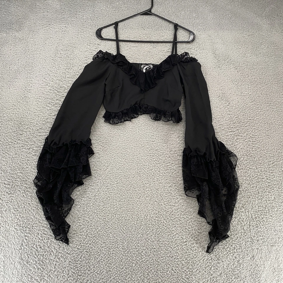Top corto Killstar para mujer pequeño con volantes y hombros descubiertos manga campana bruja gótico