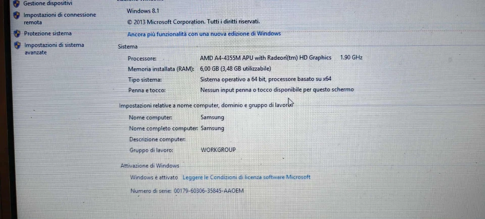 PC Portatile Samsung NP535U3C AMD A4-4355M - 250 GB HD - 6 GB DDR3 - Immagine 3 di 4