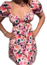 Summer Deep V Neck Sexy Allover Floral Print Cut Out Waist Puff Sleeve S