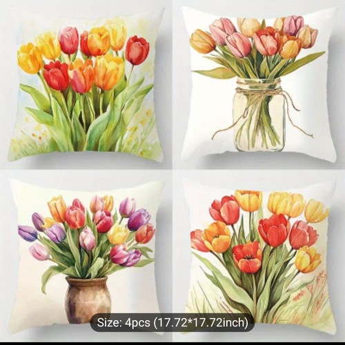 Set Of 4 Beautiful Tulip Flower Spring/Summer Throw Pillow Covers - Picture 1 of 5