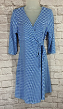 Fresh Produce Blue Geometric Faux Wrap Dress M Stretchy Slinky Retro Mod Coastal
